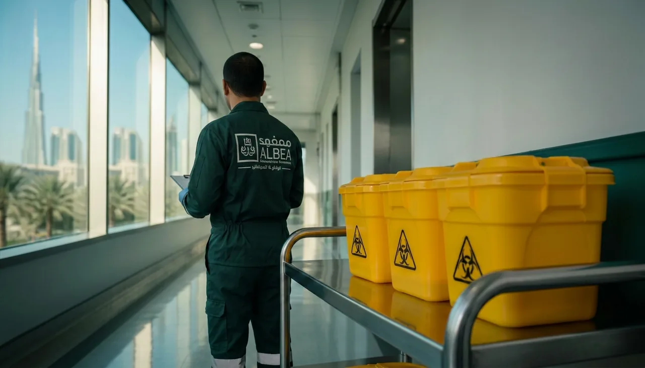 Sealed medical waste containers organised on a collection trolley in a Dubai healthcare facility